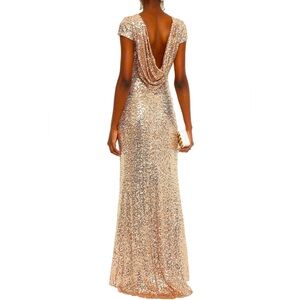 Badgley Mischka Gold Sequin Cowl Back Gown Size 6